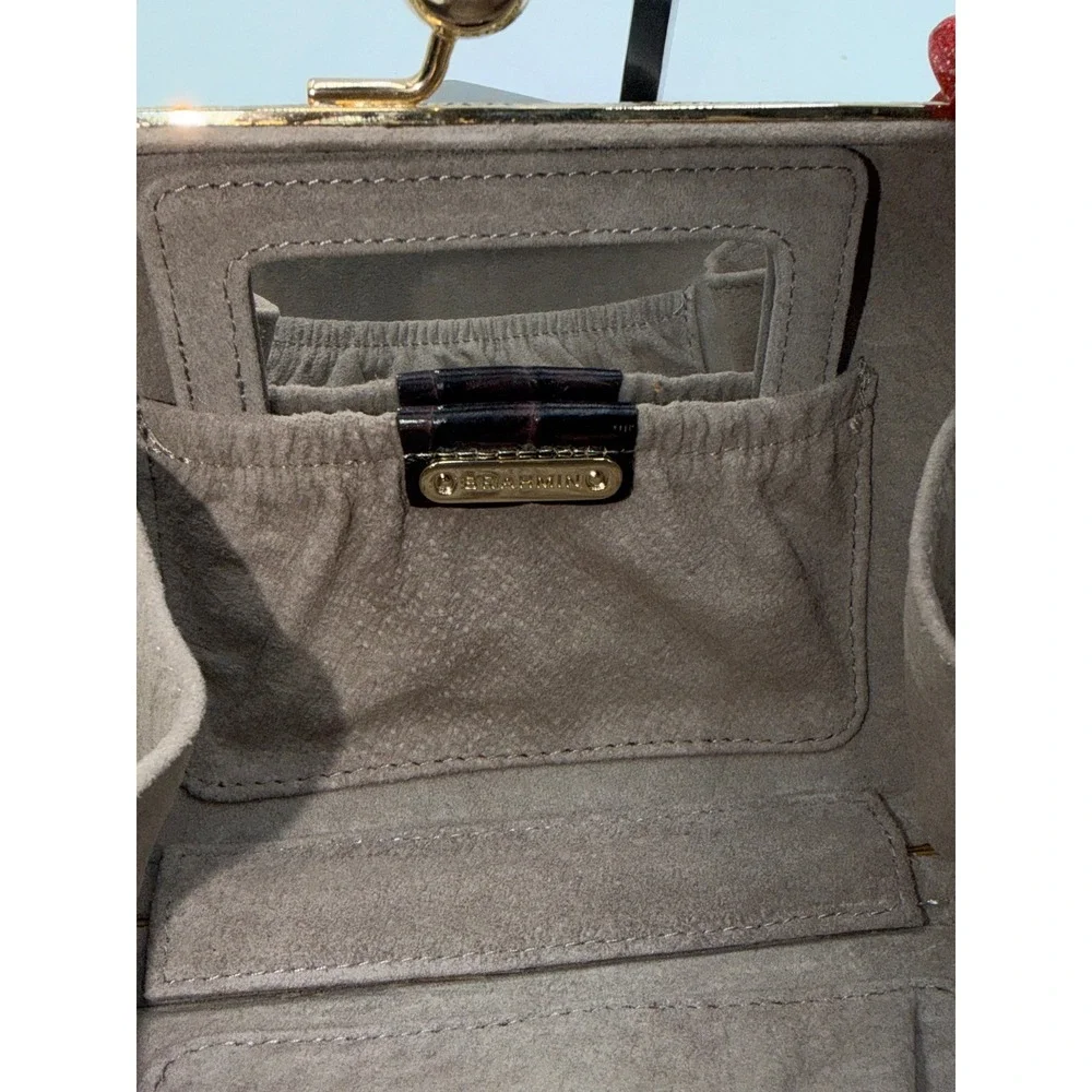 Brahmin Espresso Brown Croc Embossed Leather Kiss Lock Clutch Crossbody Bag